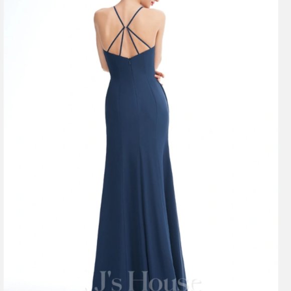 US 0 Navy Blue A-line Halter Floor-Length Chiffon Bridesmaid Dress With Ruffle - Picture 2 of 2
